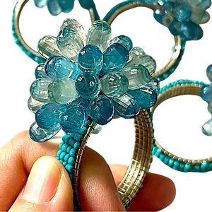 Beautiful Turquoise Blue Hues Set/ 4 Beaded Napkin Rings Beachy Decor